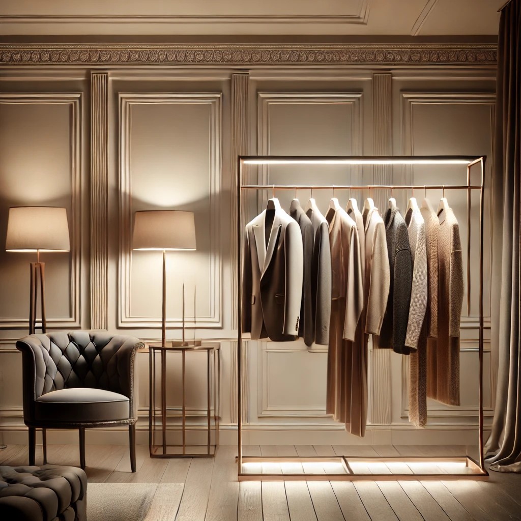 A warmly lit display of neutral clothing