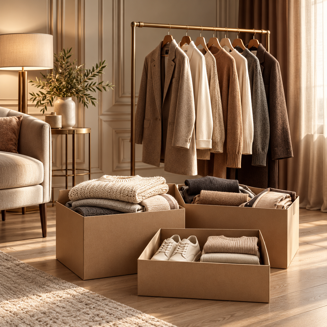 Clothing racks and boxes in a warm neutral setting